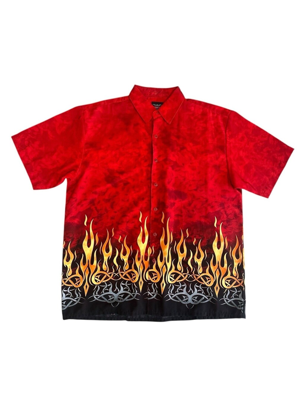 Extreme Gear Shirt Mens XL y2k Red Black Flames Tribal Button Up Camp Hawaiian